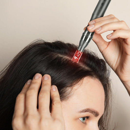 Vynzo Microneedling Pen with Replacement Cartridges being used on scalp for skincare.