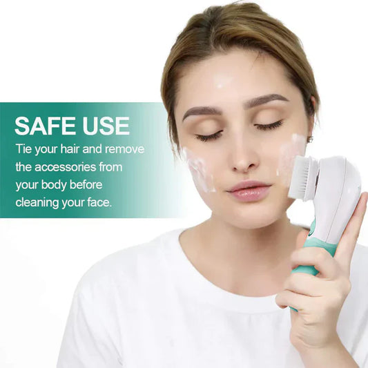 Woman using a facial cleansing device, demonstrating safe use before cleaning her face.