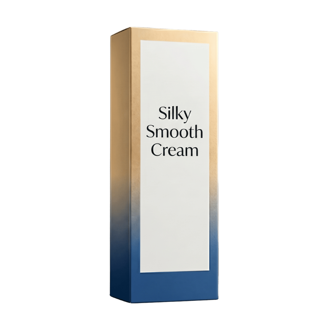 Silky Smooth Cream packaging, featuring a sleek design for a moisturizing skincare product.
