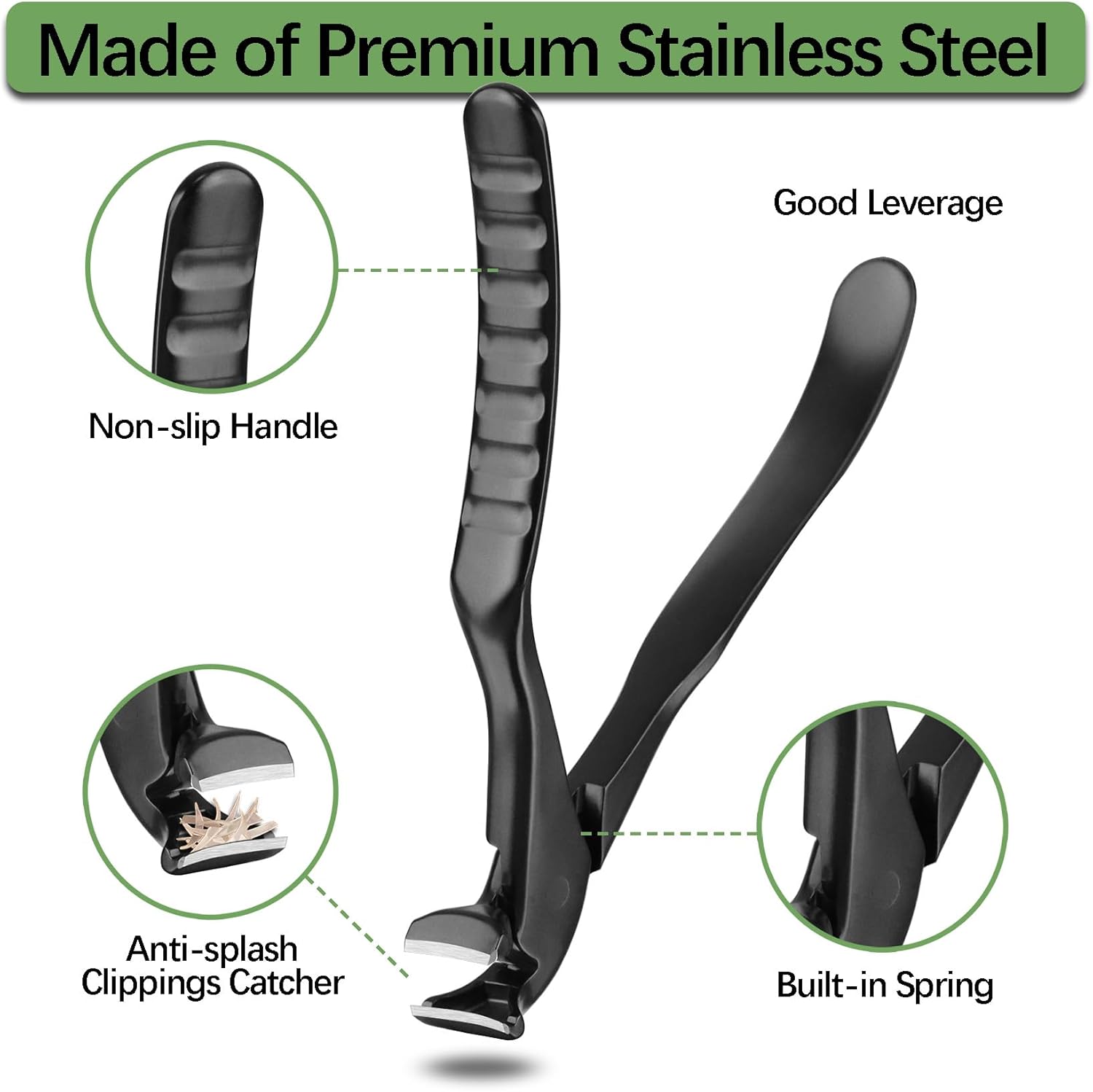 Vynzo Heavy-Duty Nail & Hoof Nipper showing non-slip handle, anti-splash catcher, and built-in spring for better control.