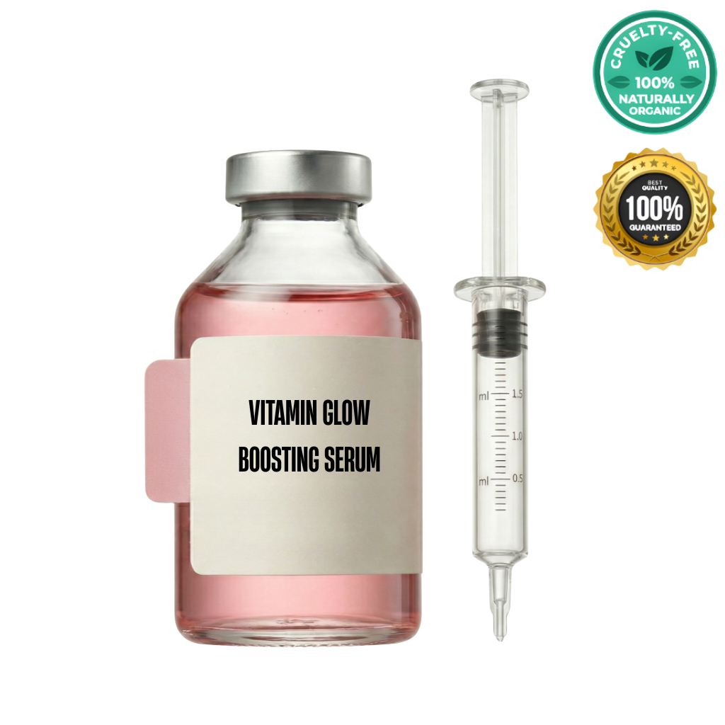 Premium Vitamin Glow Boosting Serum in a glass bottle with a dropper, promoting radiant skin.