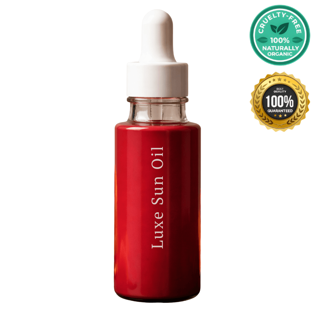 Bottle of Luxe Sun Oil showcasing its rich texture and organic certification.