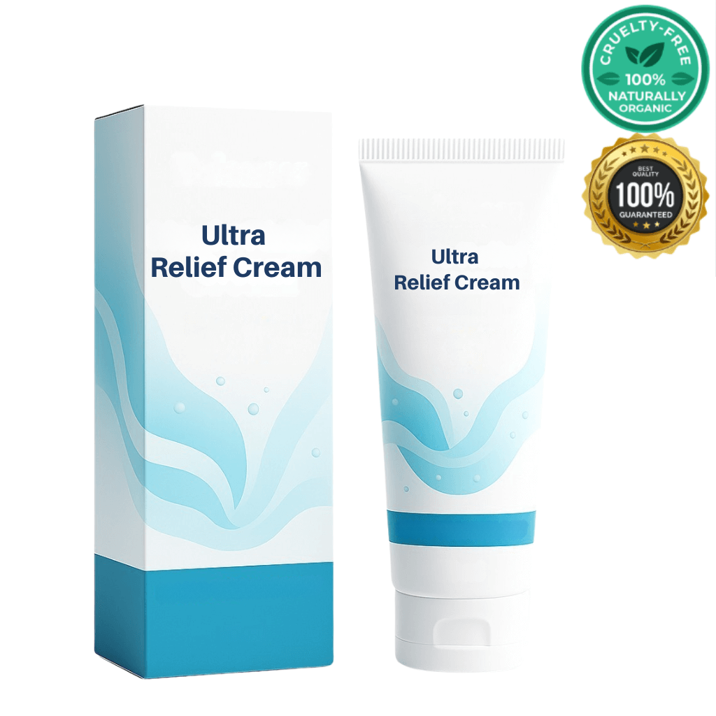 Ultra Relief Cream packaging and tube, showcasing cruelty-free and organic labels, perfect for skincare routines.