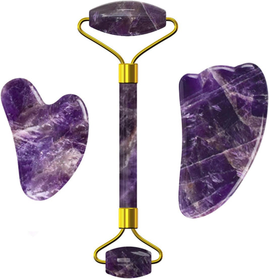 Vynzo Amethyst Facial Roller & Gua Sha Set including a roller and two gua sha tools made from natural amethyst stone.