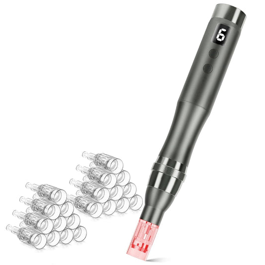 Vynzo Microneedling Pen with Replacement Cartridges showing adjustable microneedling tool and multiple cartridges