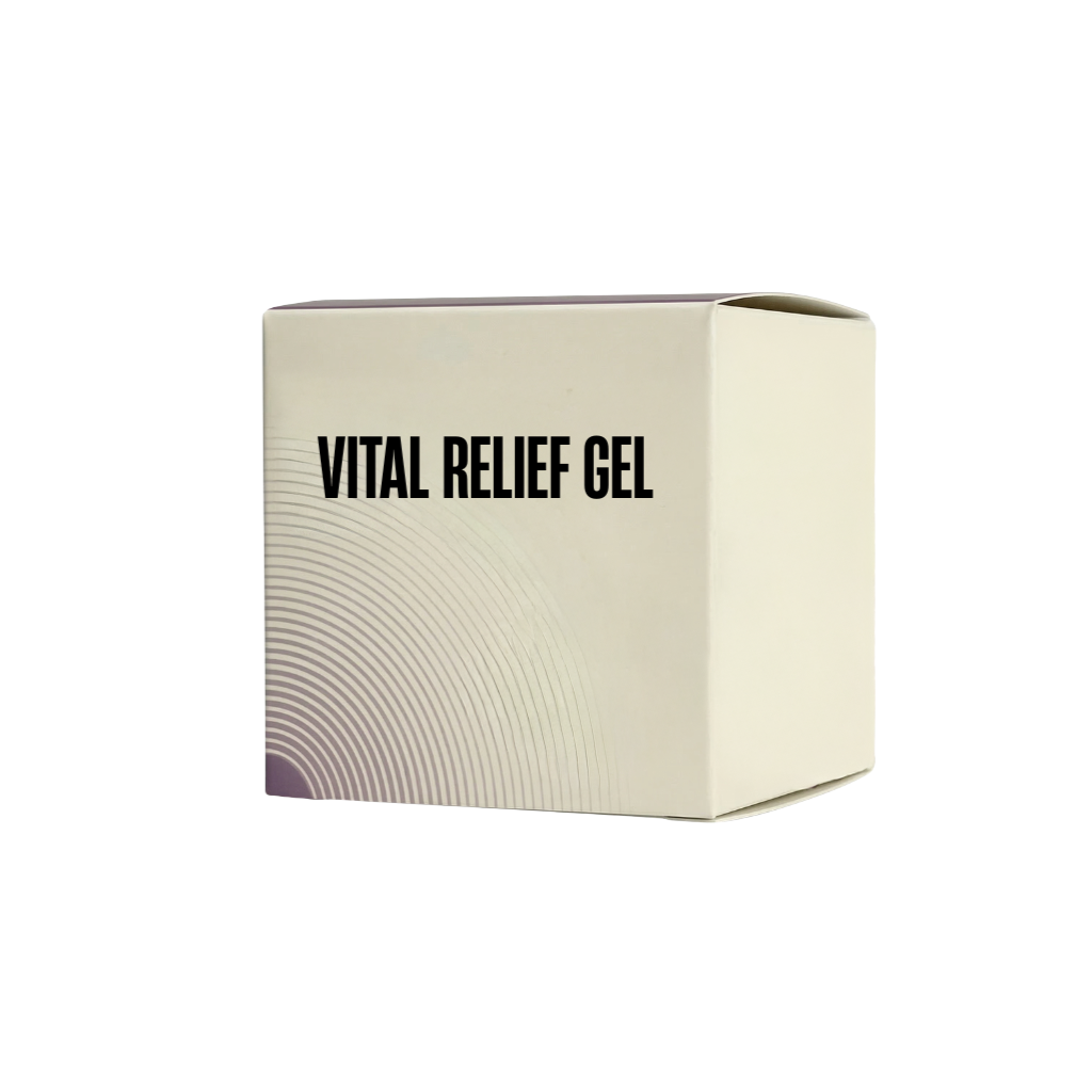 Vitality Relief Gel product packaging with a sleek design, showcasing its refreshing and revitalizing properties.