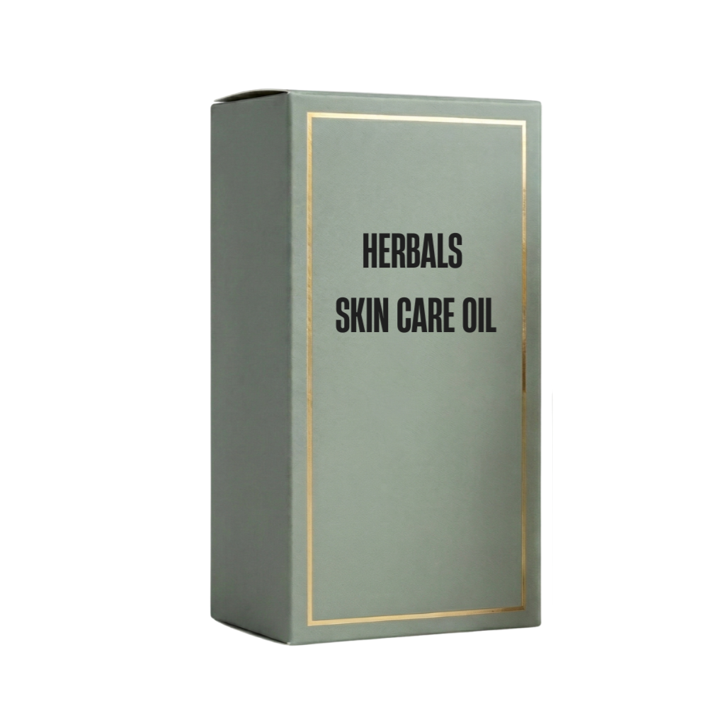 Herbals Skin Care Oil packaging in a sleek green box with gold accents.