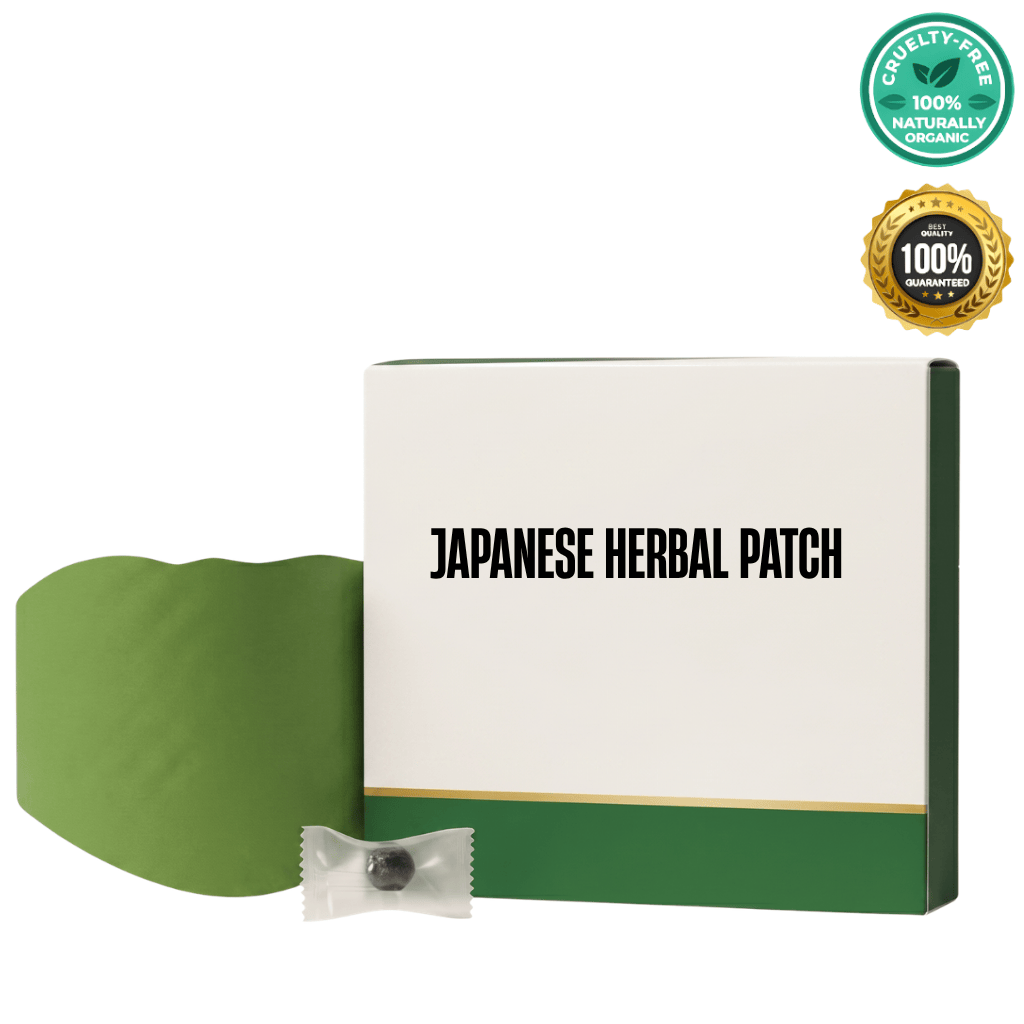 Packaging of Japanese Herbal Patch with a green patch and organic certifications displayed.