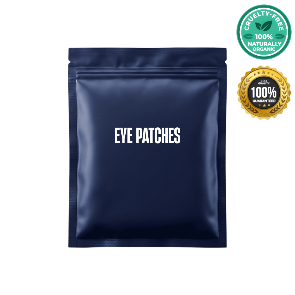 Eye Patches packaging, cruelty-free, naturally organic, skincare essential for refreshed under-eye area.