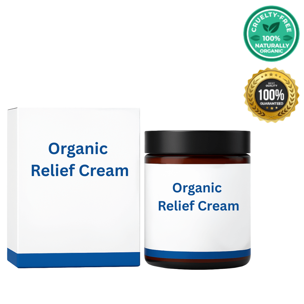 Organic Relief Cream jar and box packaging with cruelty-free and organic certification badges.