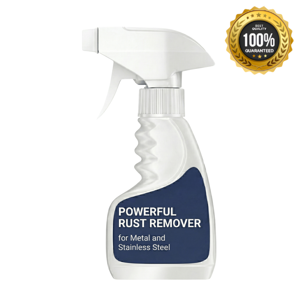 Premium Rust Remover for Metal and Stainless Steel in a spray bottle with guaranteed quality emblem.