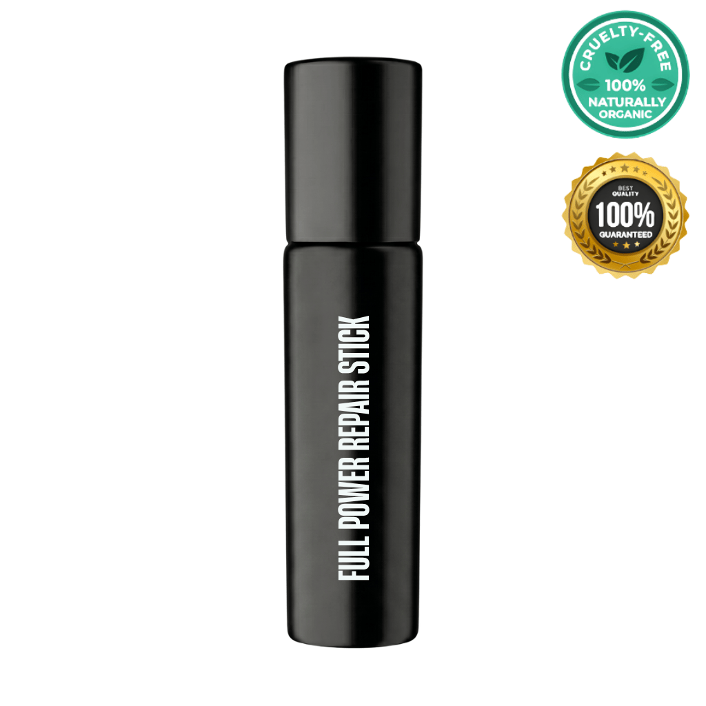 Full Power Repair Stick in sleek black packaging with cruelty-free and organic certifications.