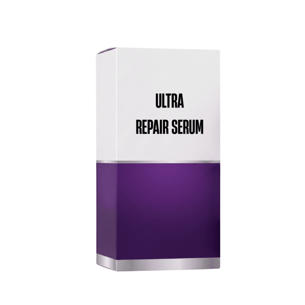 Ultra Repair Serum packaging featuring a sleek design, showcasing its nourishing and soothing skincare benefits.