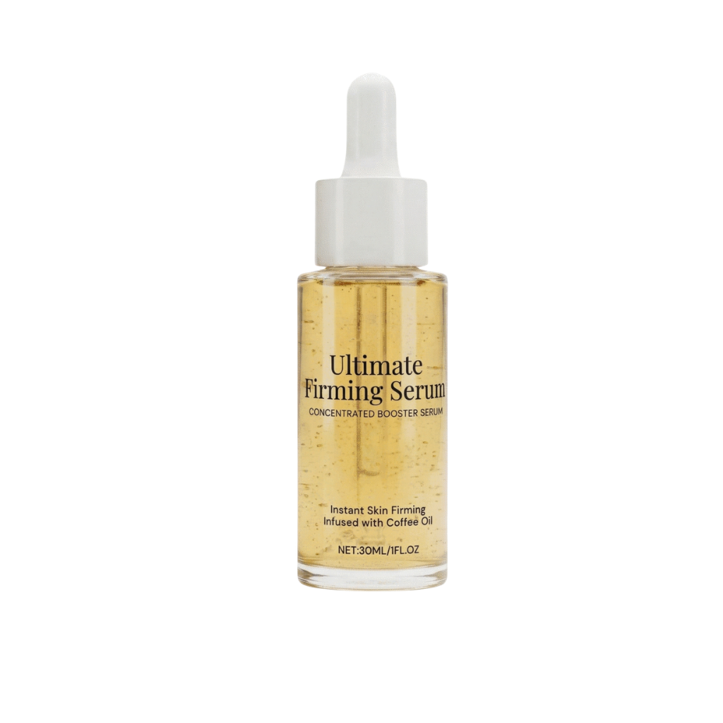 Ultra Firming Serum in a glass bottle with dropper for radiant and smooth skin.