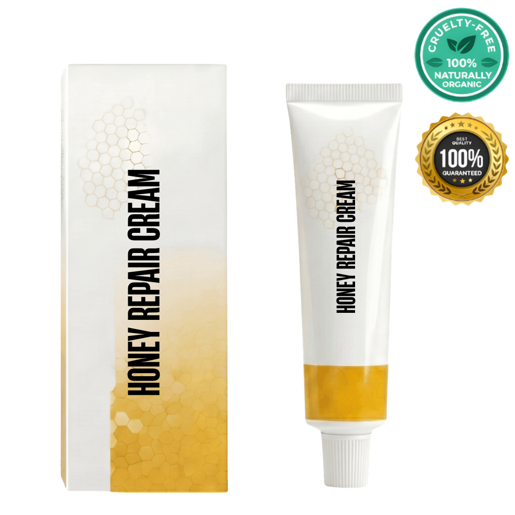 Luxe Honey Repair Cream tube and box with certifications, showcasing its organic and cruelty-free attributes.