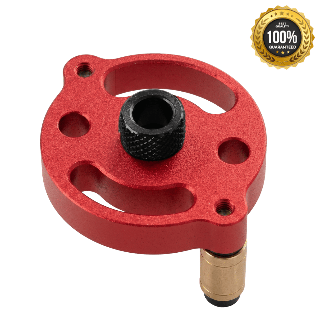Self-Centering Doweling Jig component, showcasing a red drill guide for precise woodworking joinery.