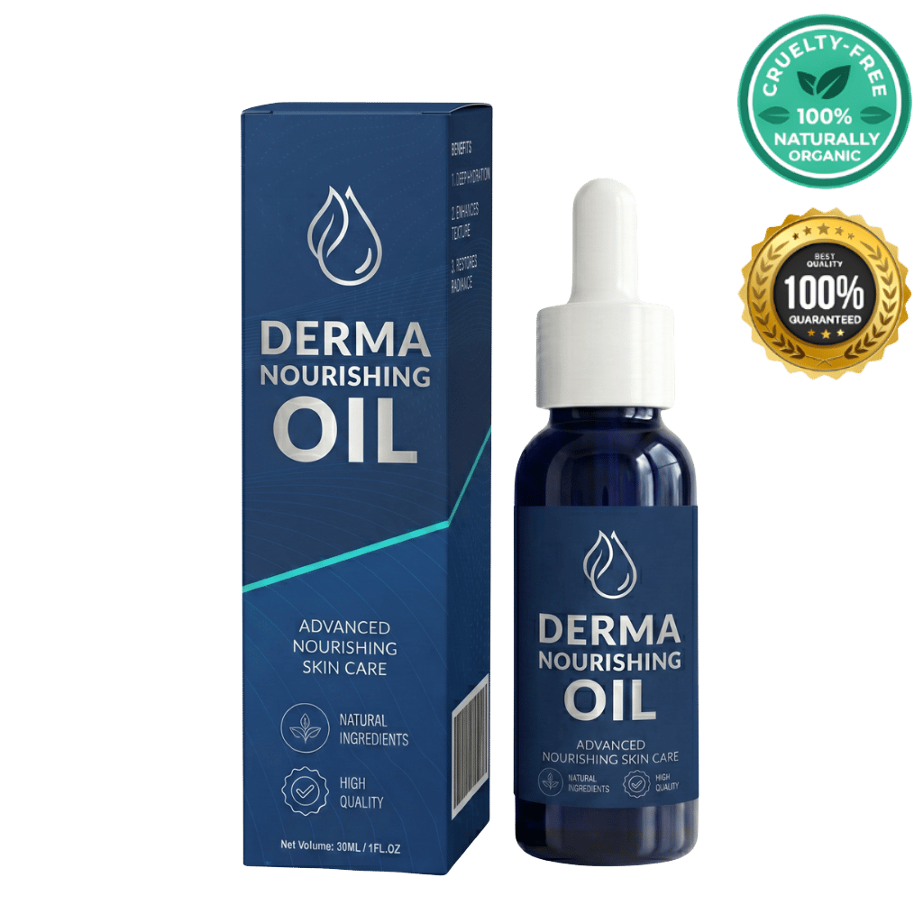 Derma Nourishing Oil bottle and packaging for advanced nourishing skin care, featuring natural ingredients and cruelty-free badge.