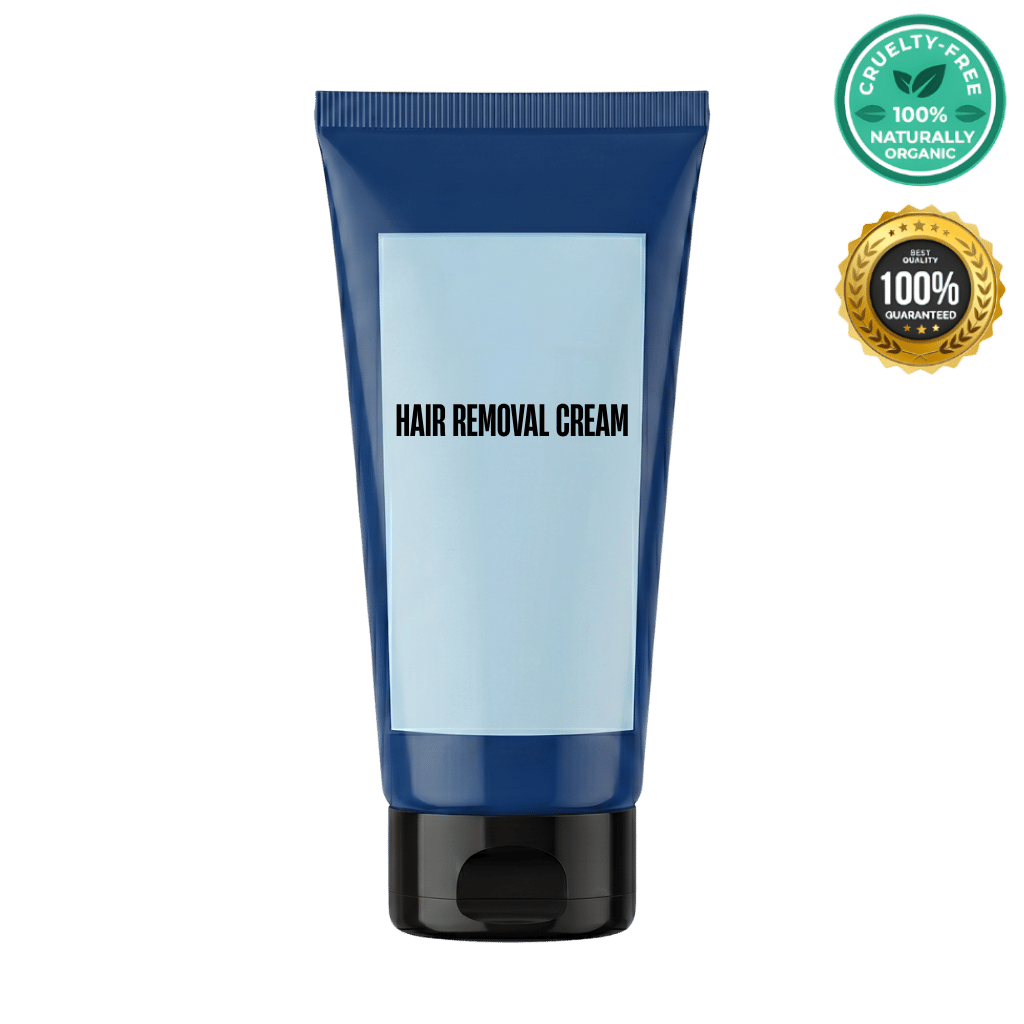 Hair Removal Cream tube packaging, featuring cruelty-free and organic certifications, for a smooth and soft skin finish.