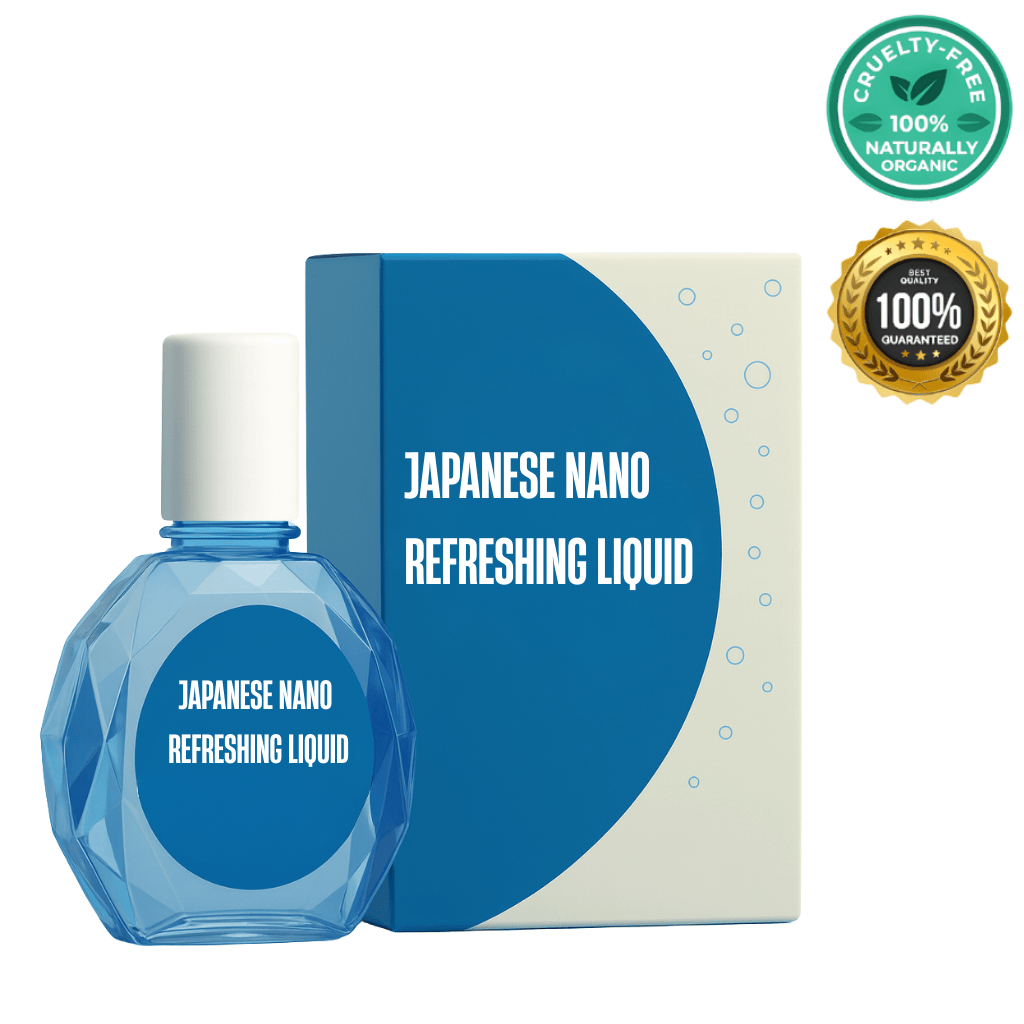 Japanese Nano Refreshing Liquid bottle and packaging, showcasing a lightweight beauty formula for a polished look.