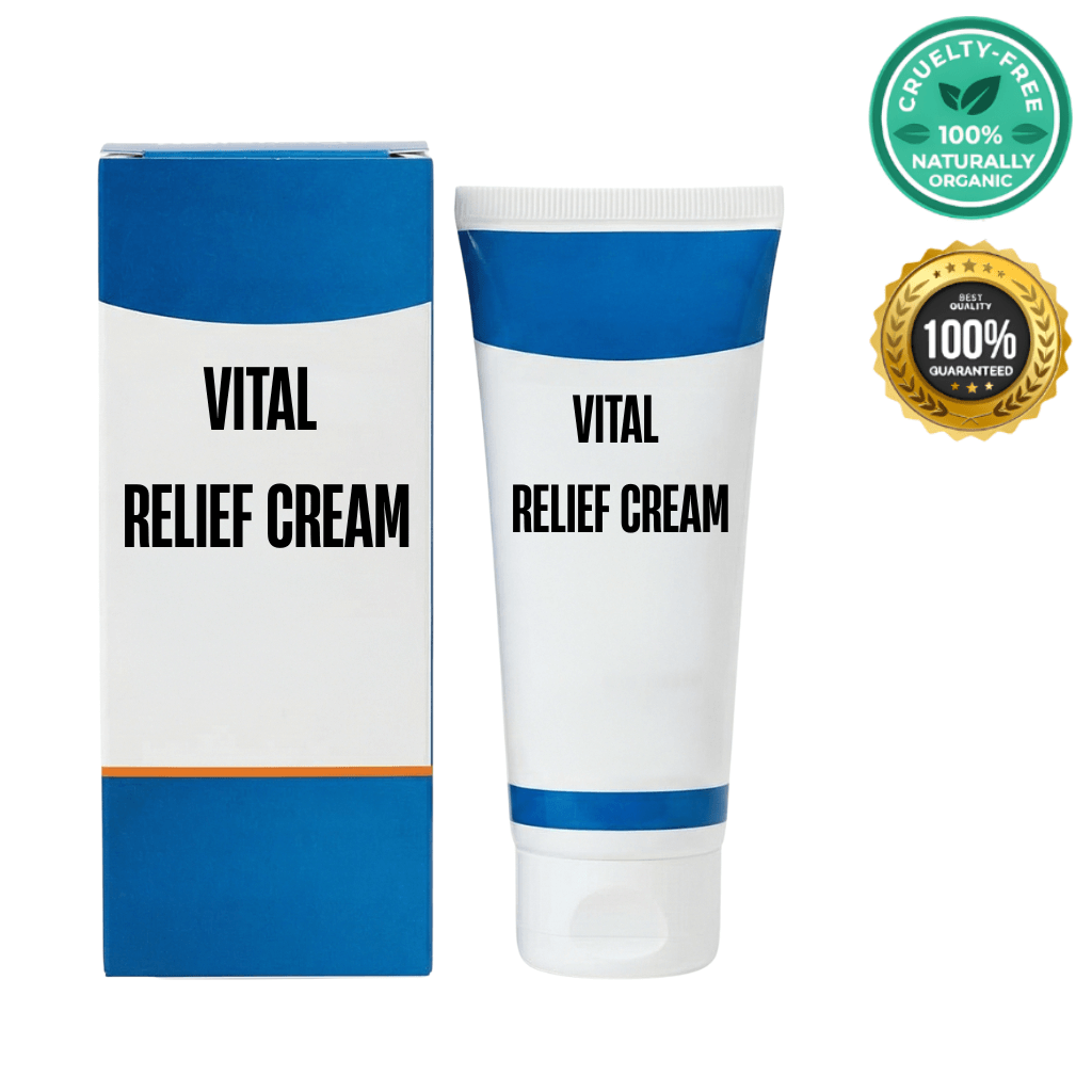 Vital Relief Cream tube and box showcasing its cruelty-free and organic certification.