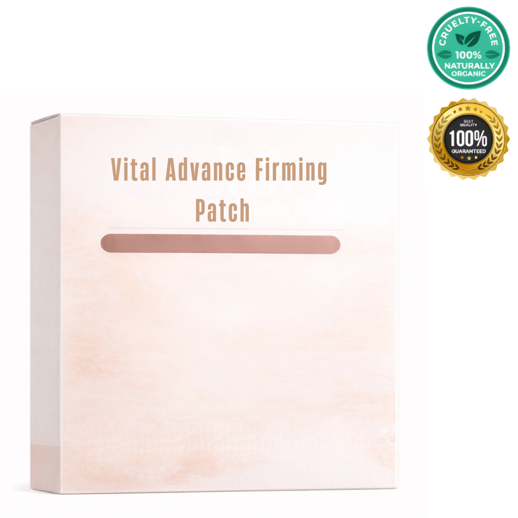 Vital Advance Firming Patch packaging with cruelty-free and organic certification, minimalistic design for skin care.