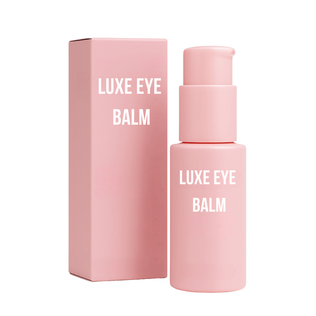 Luxe Eye Balm in a sleek pink container with matching packaging, designed for smooth and nourishing eye care.