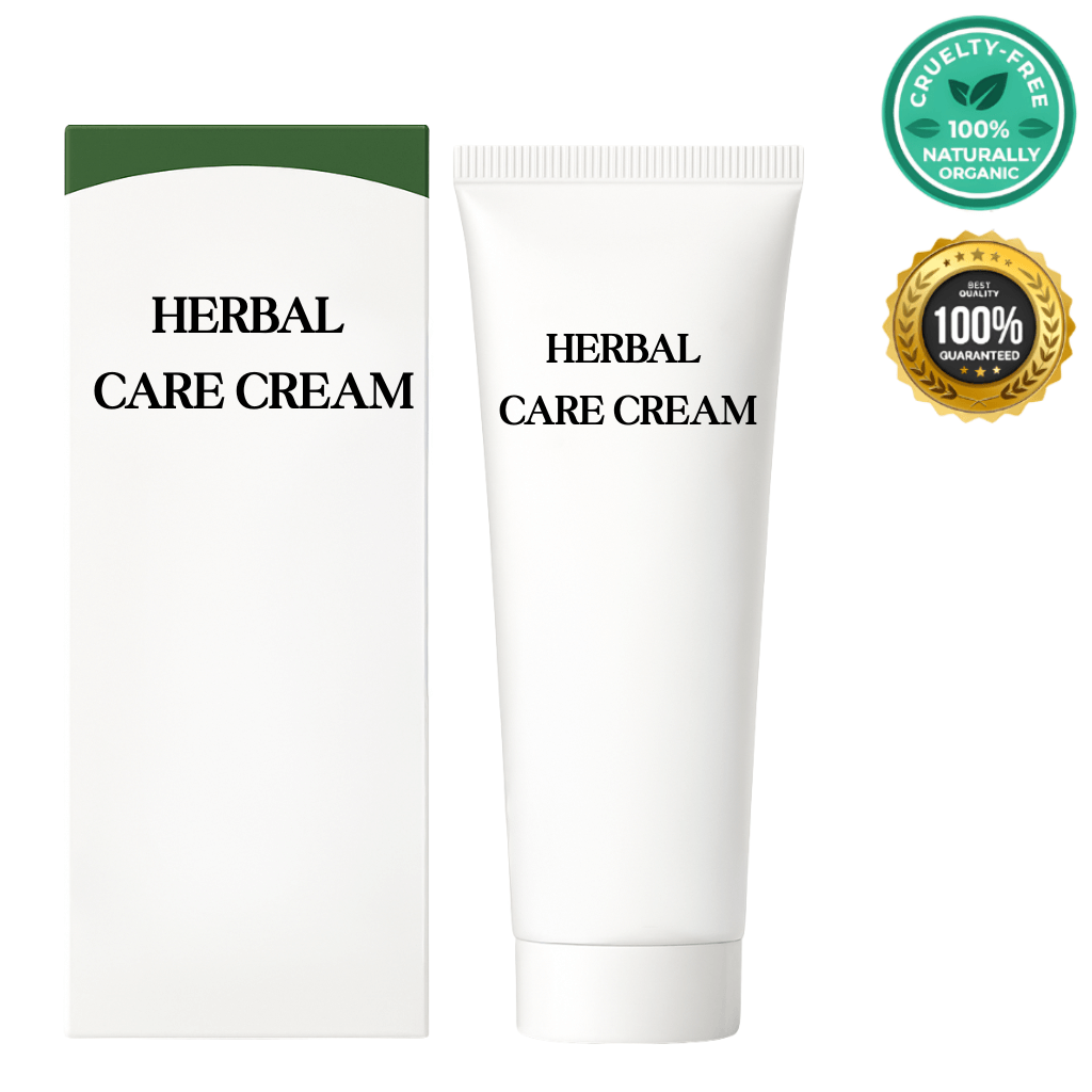 Herbal Care Cream tube and box packaging, promoting healthy skin and smooth appearance, cruelty-free and organic.