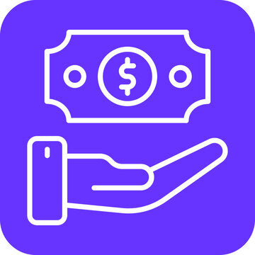 Tips icon featuring a hand receiving a dollar bill on a purple background.