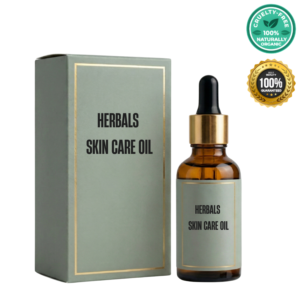 Premium Herbals Skin Care Oil in glass bottle with packaging, cruelty-free and 100% organically made.