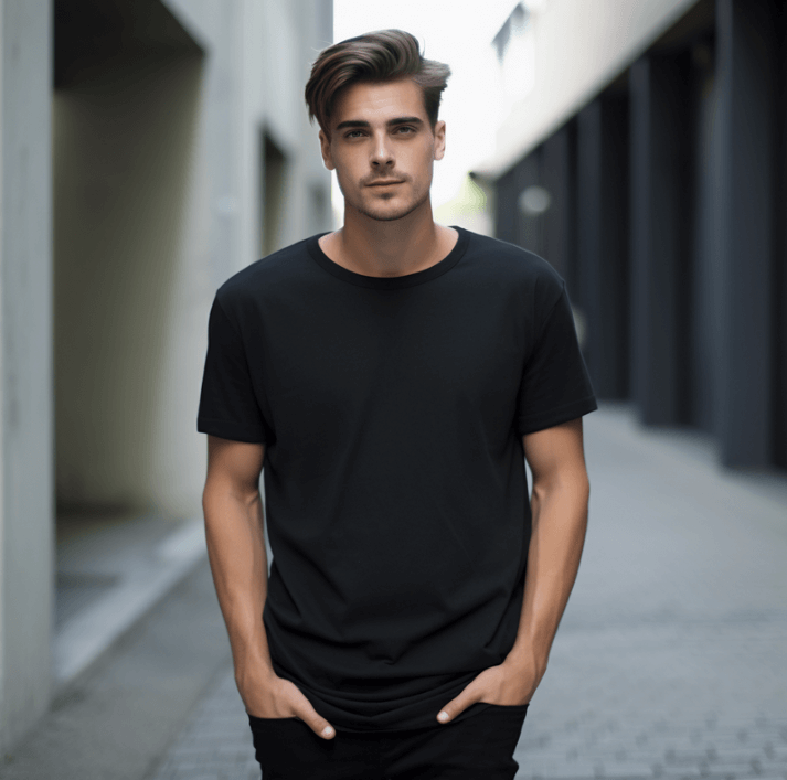 Stylish young man wearing a black t-shirt, standing confidently in an urban alleyway.
