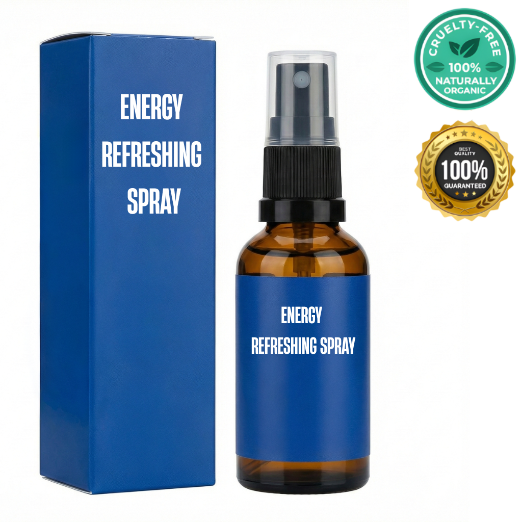 Energy Refreshing Spray packaging and bottle displaying cruelty-free and organic certification.
