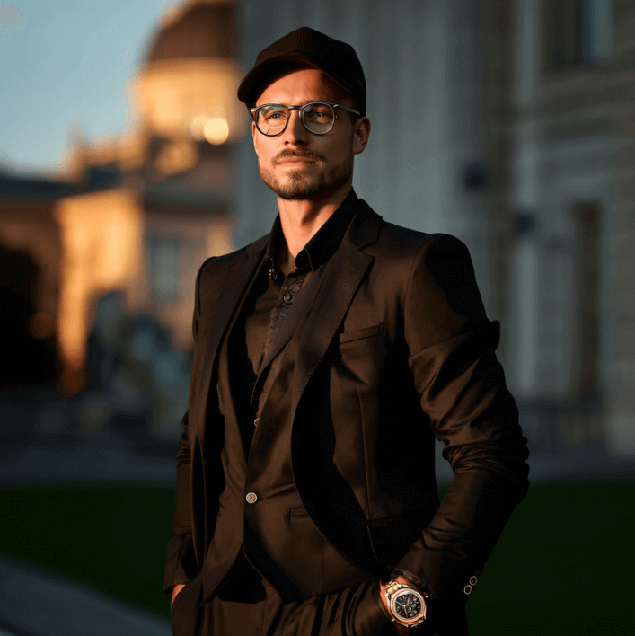 Stylishly dressed man in a black suit and cap, standing confidently outdoors during golden hour.