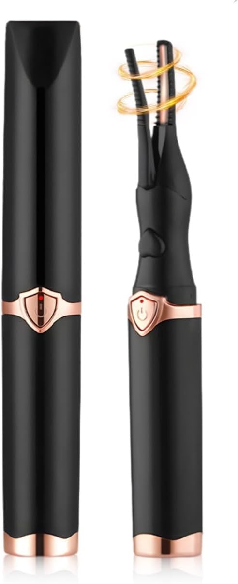 Vynzo Heated Electric Eyelash Curler in sleek black design with gold accents, ideal for curling and shaping lashes.