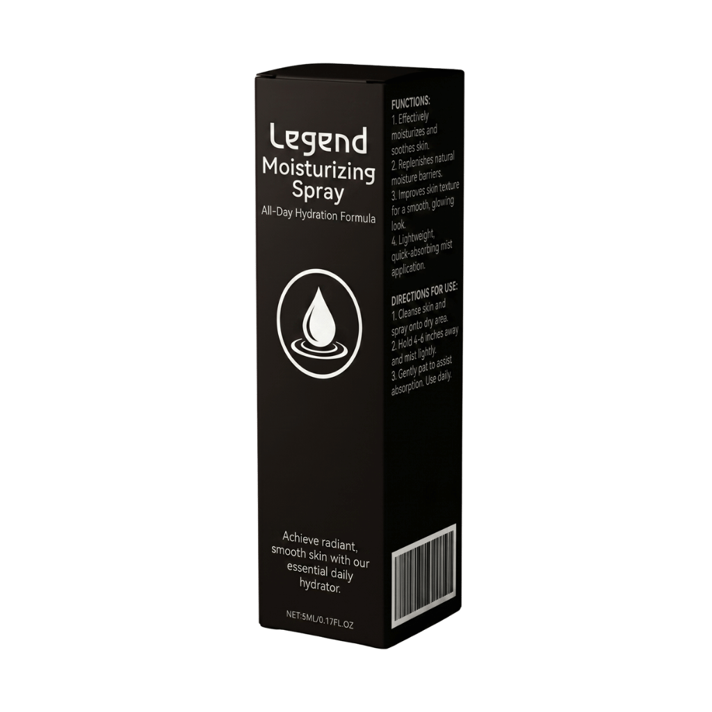 Legend Moisturizing Spray packaging showcasing all-day hydration and skincare benefits.