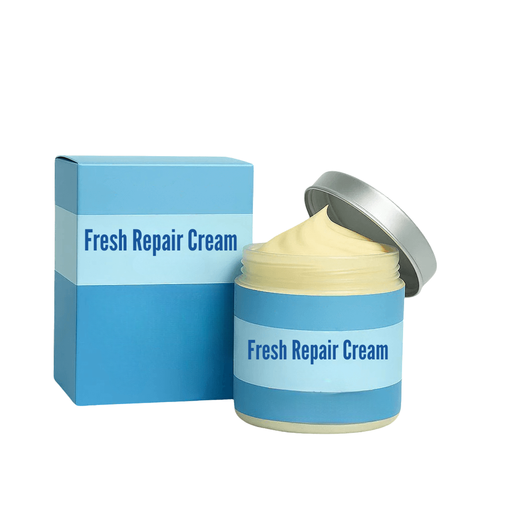 Fresh Repair Cream in a jar with a blue box, showcasing its smooth texture for silky skin.