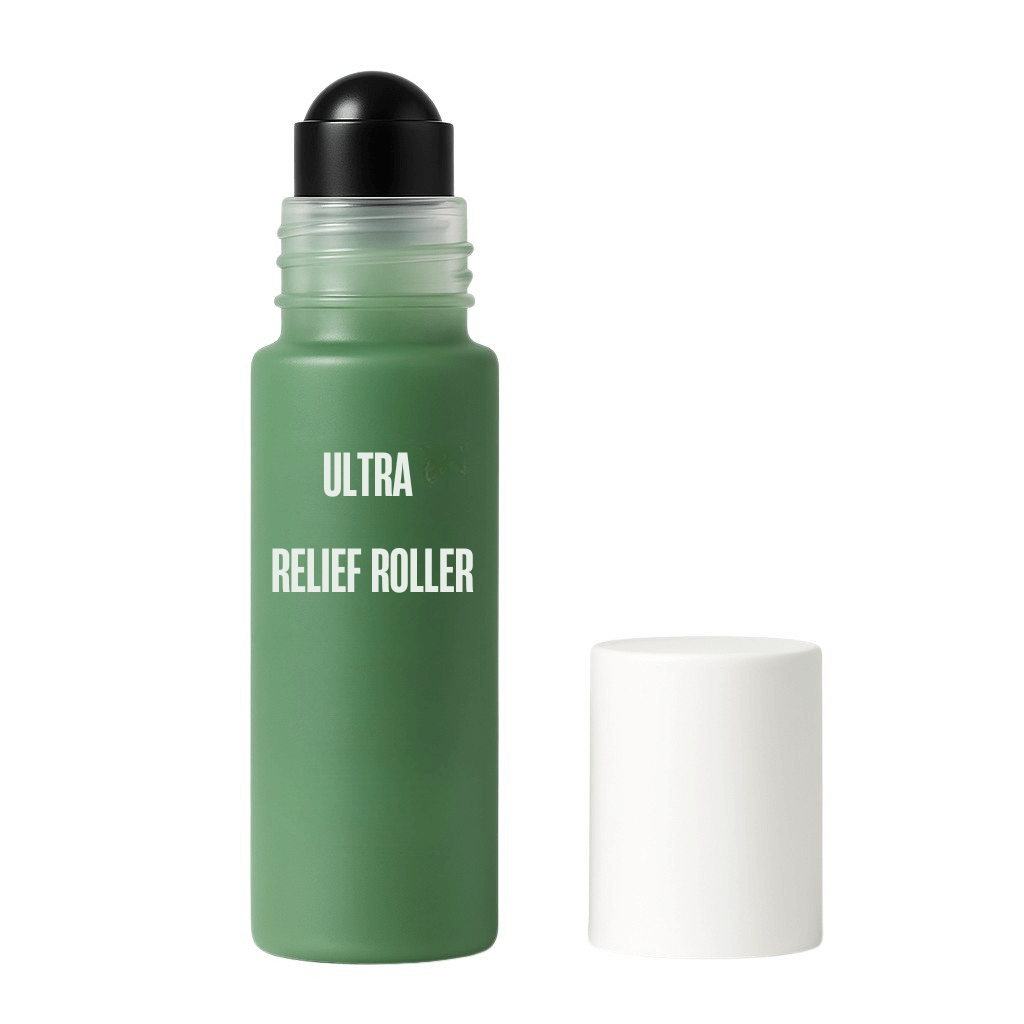 Ultra Relief Roller skincare product in green bottle with rollerball top and white cap.