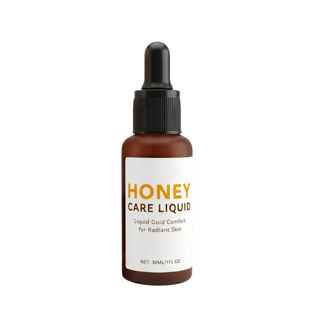 Honey Care Liquid skincare bottle promoting radiant skin and deep nourishment with a dropper.