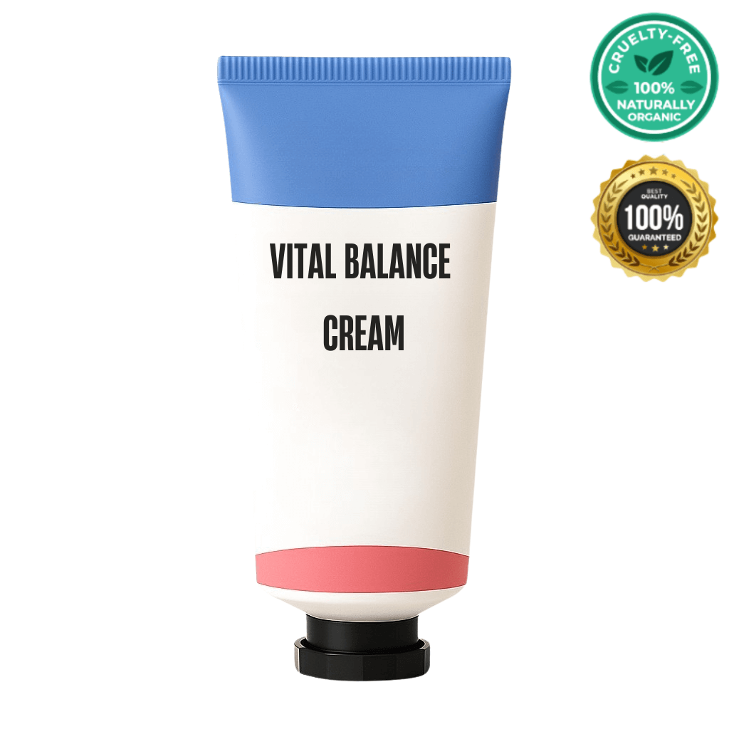 Vitality Balance Cream tube with blue cap, cruelty-free and organic certification, perfect for daily skin care.