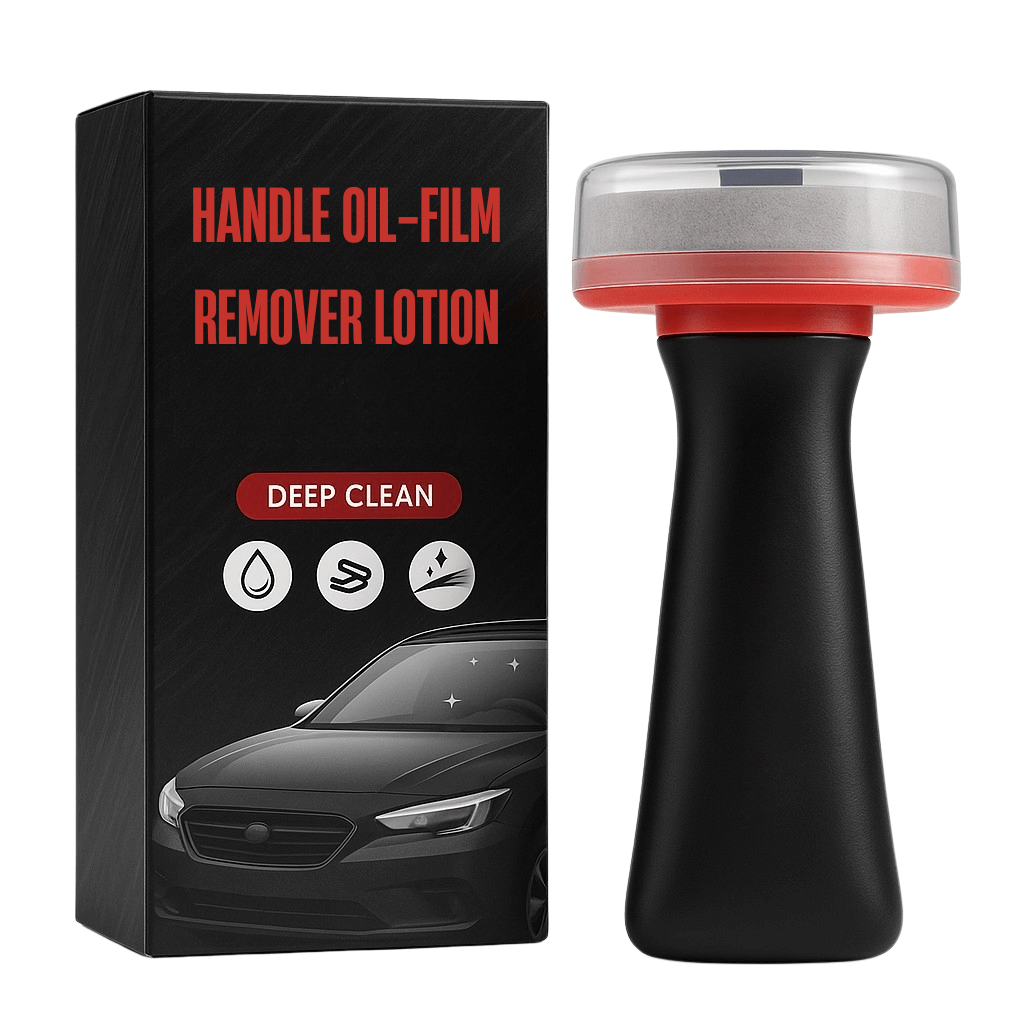 Handle Oil-Film Remover Lotion packaging and bottle for clear, streak-free glass surfaces.