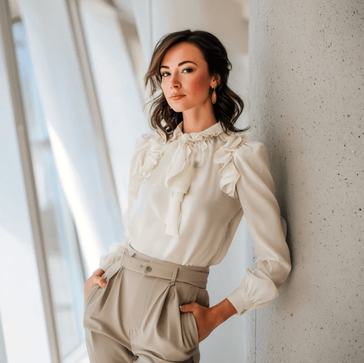 A woman in a stylish white blouse with ruffles and beige pants, posing confidently against a gray wall.
