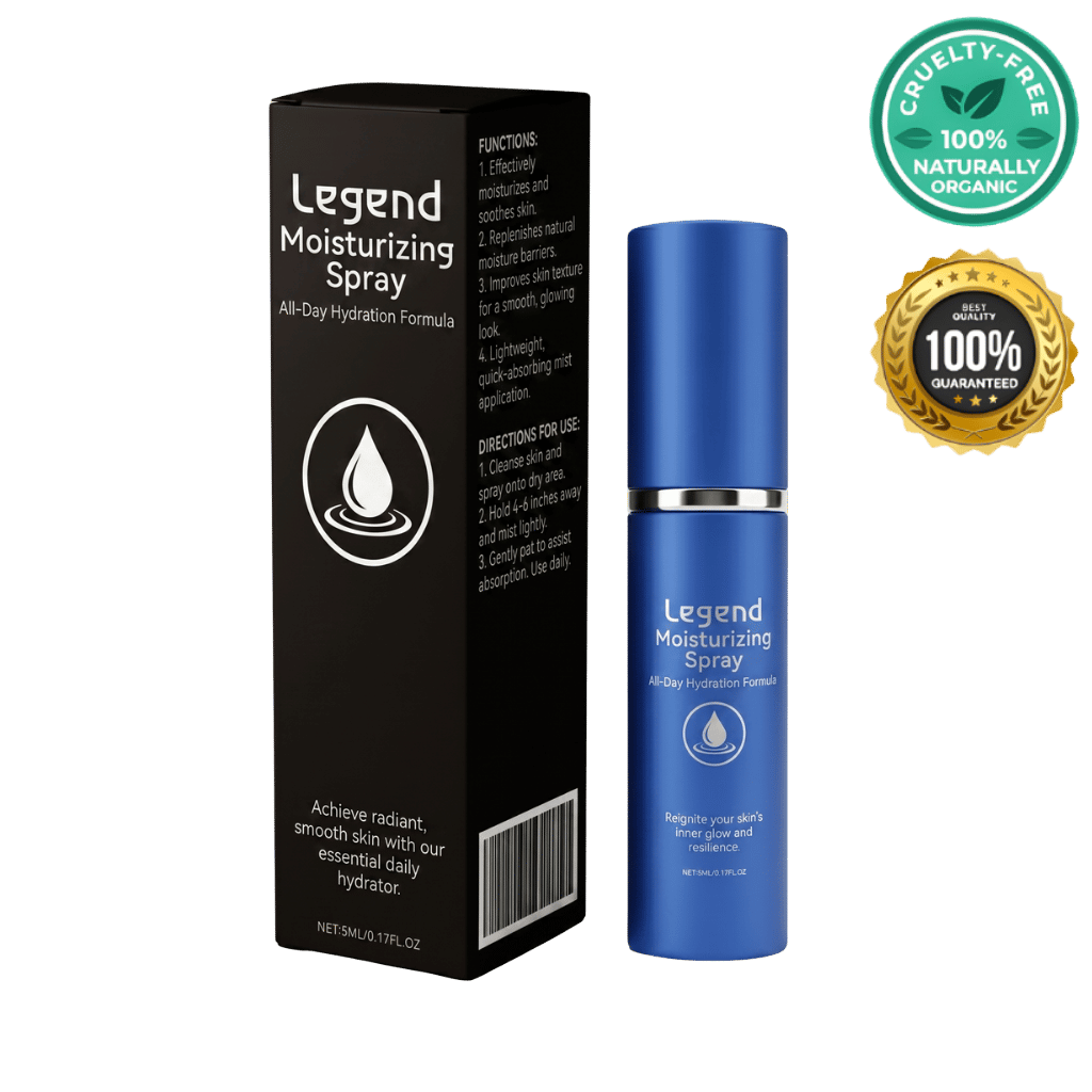 Legend Moisturizing Spray in a blue bottle with packaging, promoting hydration and skincare benefits.