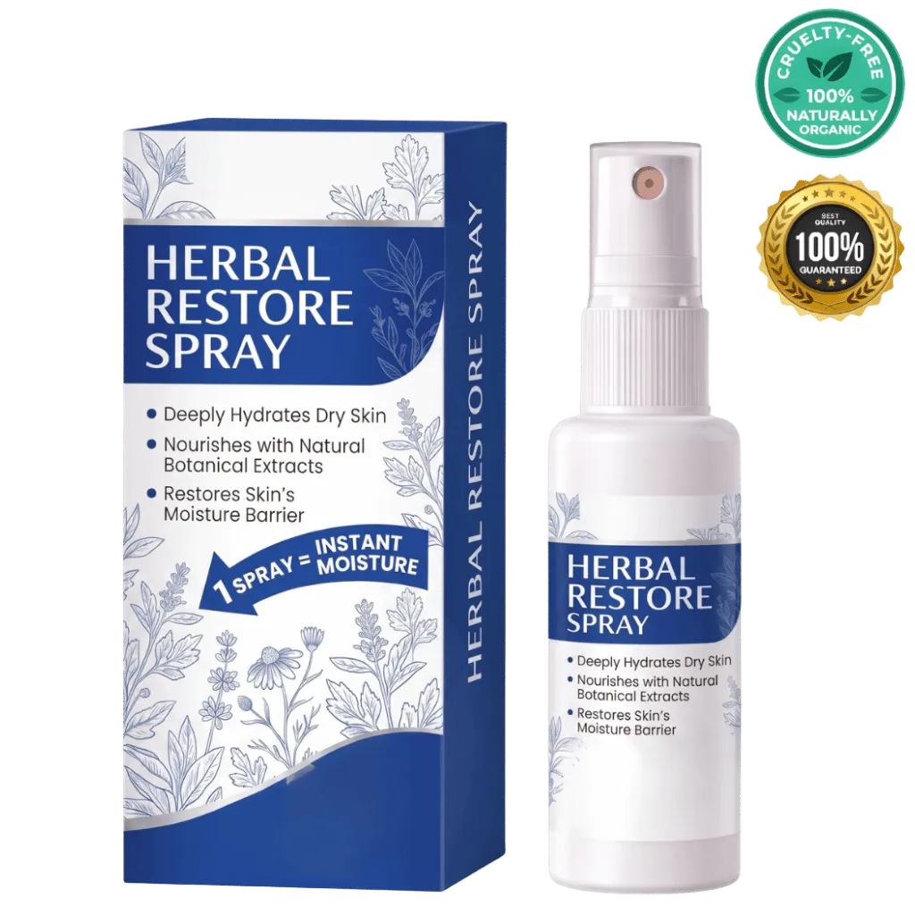Herbal Restore Spray bottle and box, designed to deeply hydrate and nourish dry skin with natural botanical extracts.