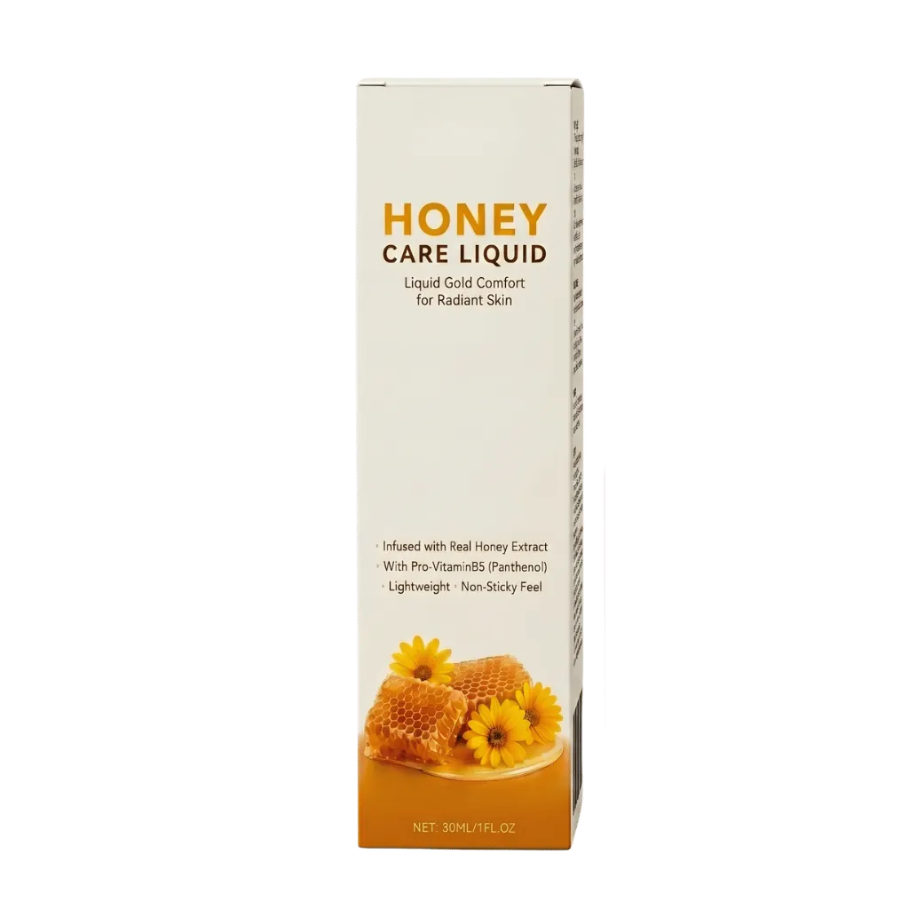 Honey Care Liquid skincare product packaging featuring honeycomb and flowers, designed for radiant skin.