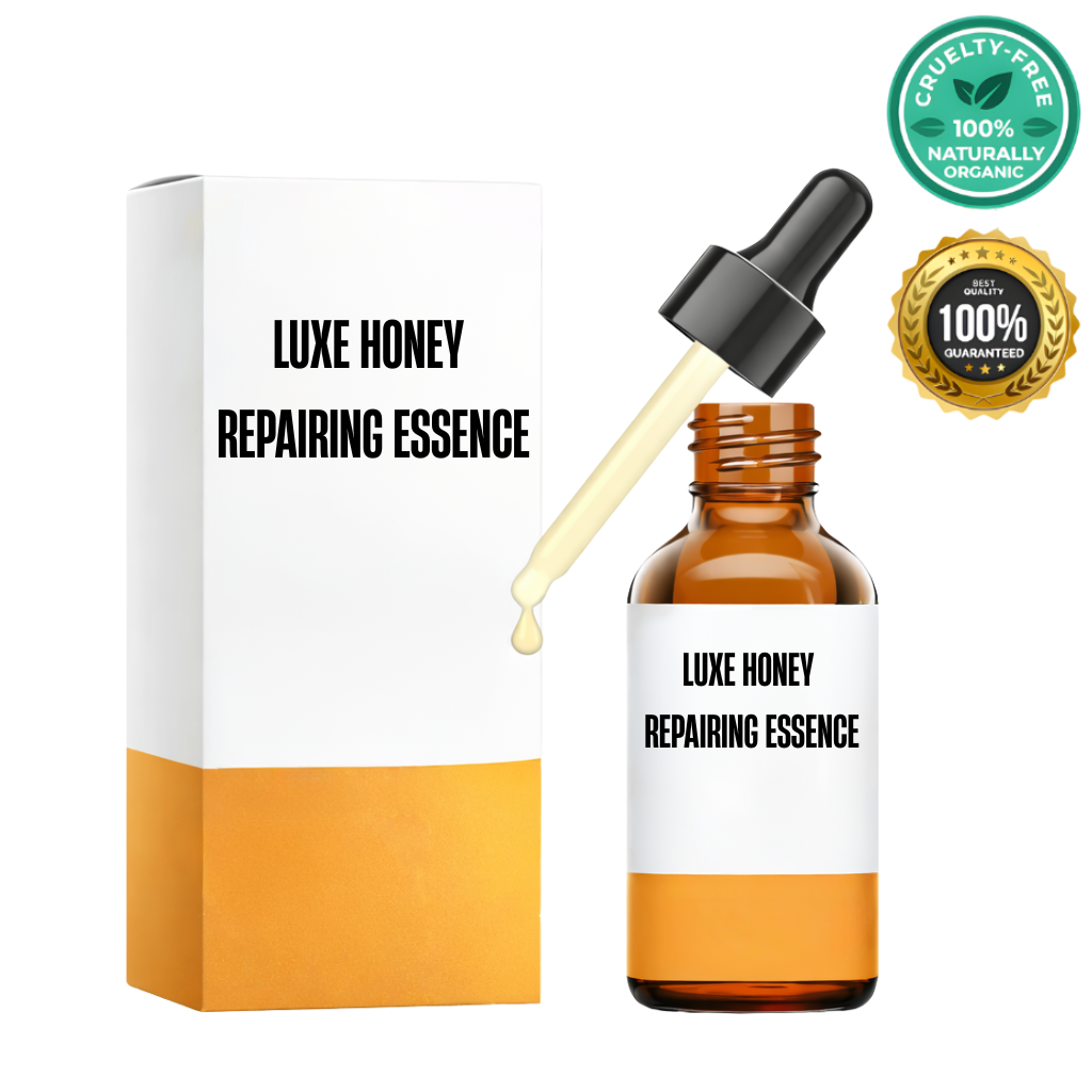 Luxe Honey Repairing Essence in a bottle next to its packaging, featuring a dropper for easy application.