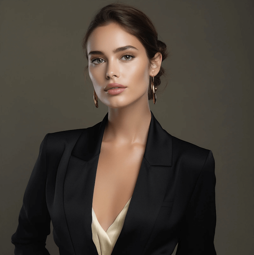 Energy Refreshing Spray model showcasing radiant skin and elegance in a sophisticated outfit.