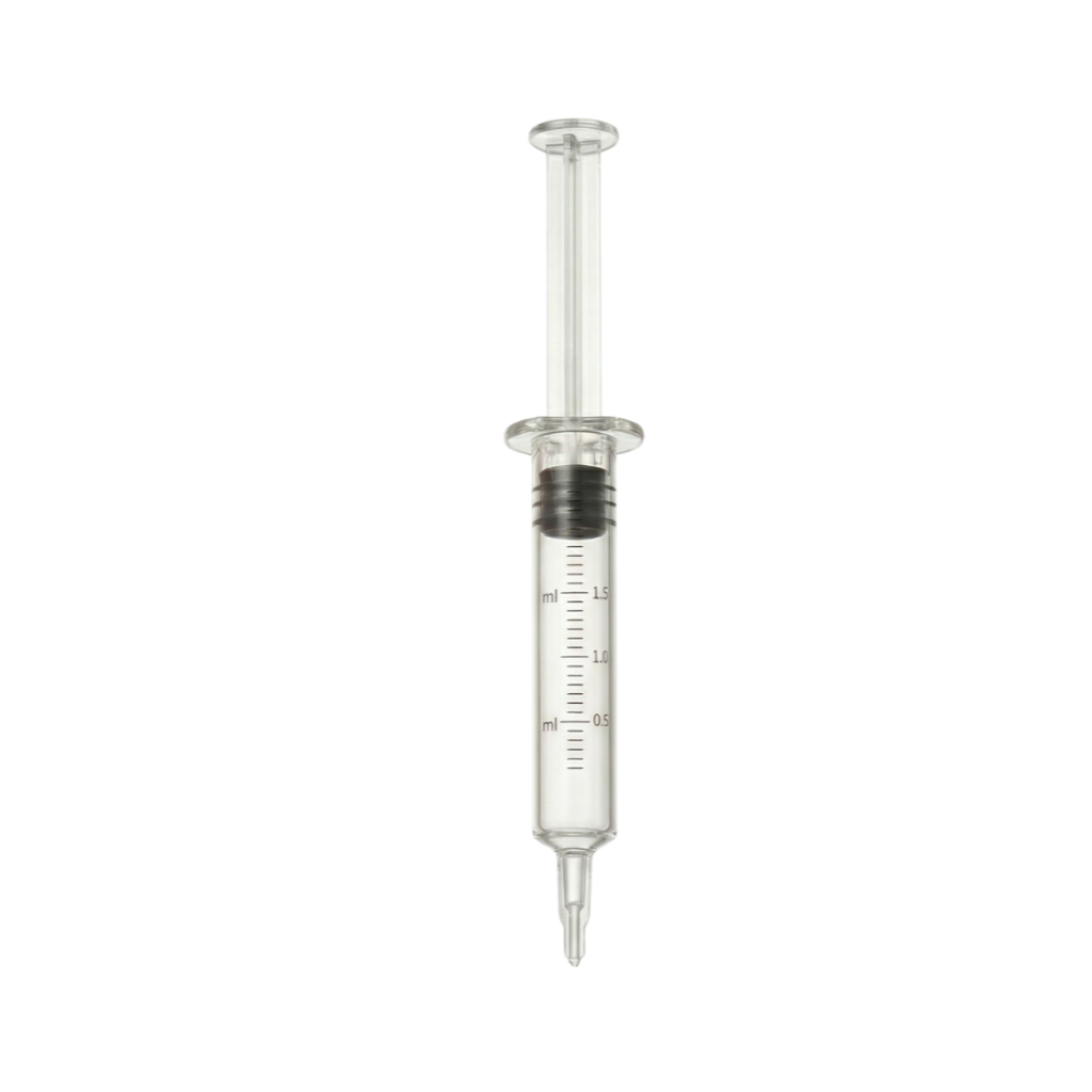 Clear syringe for applying Vitamin Glow Boosting Serum in skincare routines.