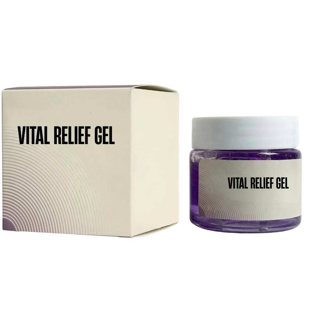 Vitality Relief Gel in a sleek container next to its packaging for a refreshing skincare experience.