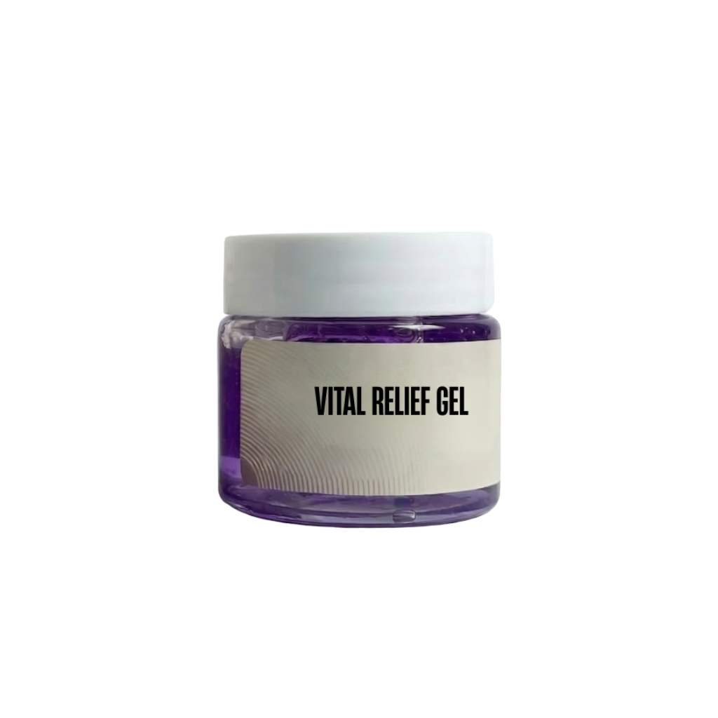 Container of Vitality Relief Gel showcasing its refreshing properties for radiant skin.