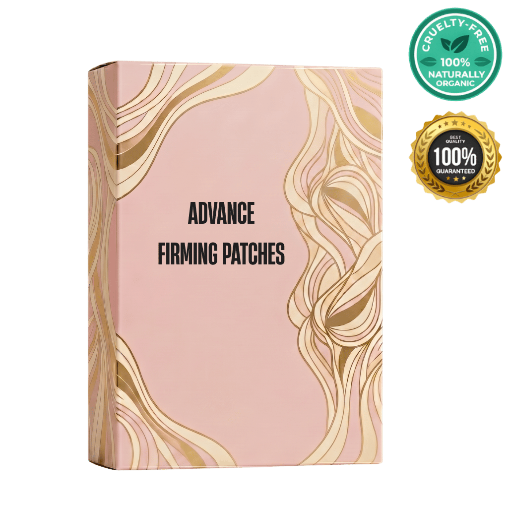 Advance Firming Patches packaging showcasing a modern design and organic certification, highlighting skincare benefits.