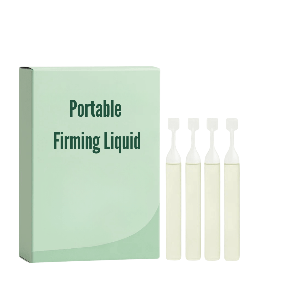 Portable Firming Liquid packaging with four vials showcasing luxurious skincare for daily self-care.